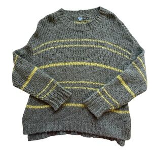Aerie Chunky Knit Sweater M Olive Gray Yellow Stripe Cozy Slouchy Wool Mohair